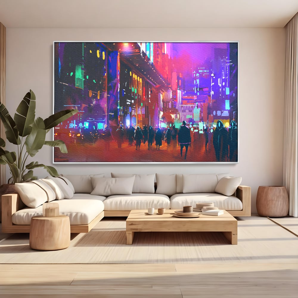 Tablou canvas cu ilustratie digitala cu oras nocturn, in rama de aluminiu argintiu, pe perete intr-un living